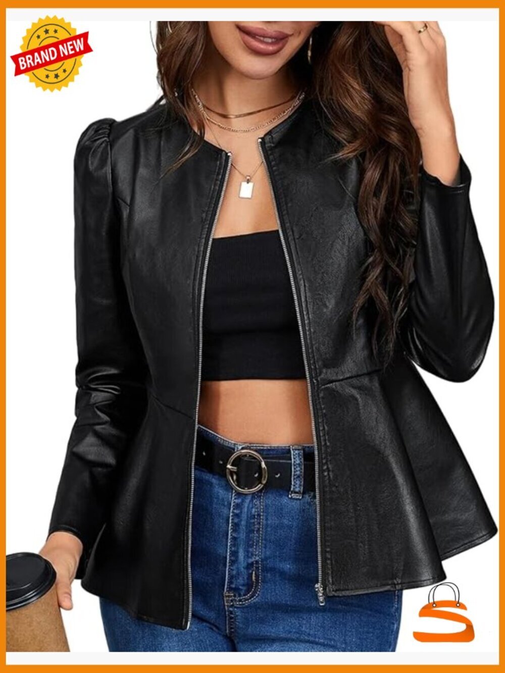 Faux Leather Crop Jacket Zip Up Puff Sleeve Peplum Coat